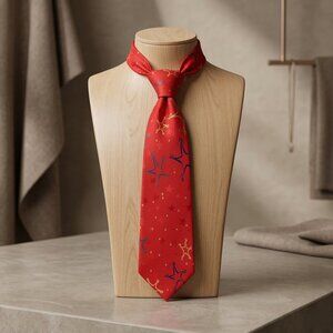 100% Silk Christmas Tie Red Star Print Unisex Holiday Accessory